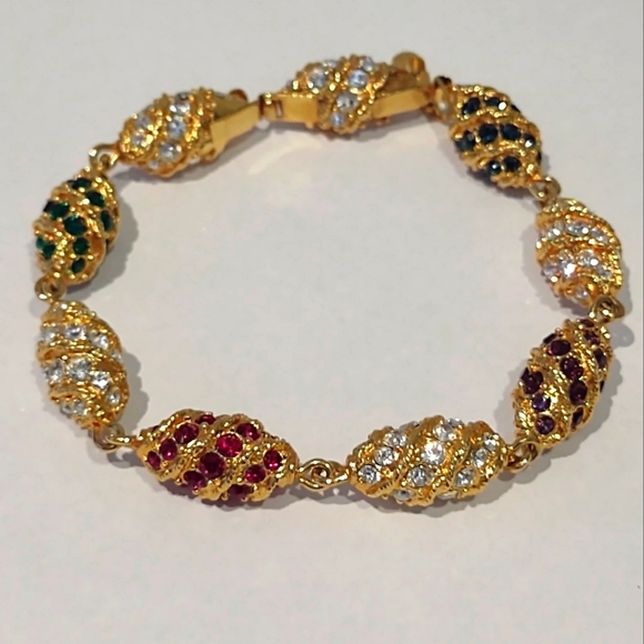 Jacqueline B Kennedy Bracelet, Gold Plated, Multicolored Rhinestone Links, 1980s - Picture 1 of 4